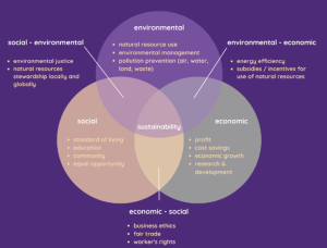 A Venn Diagram with three overlapping circles representing social, environmental, economic factors and their separate and combined interactions with the term sustainability. Designed to display forms of sustainability in each sphere. 